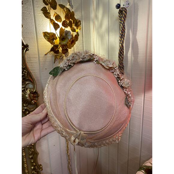 vintage 1950s pale pink saucer hat tulle and flowers 50s fashion easter wedding - Picture 7 of 8